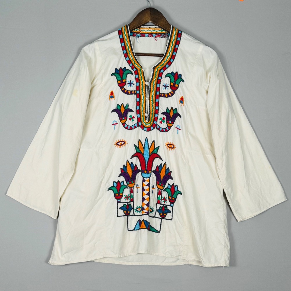 Vintage Hand Embroidered Folk Tunic Womens L White Boho 70s 80s Excellent